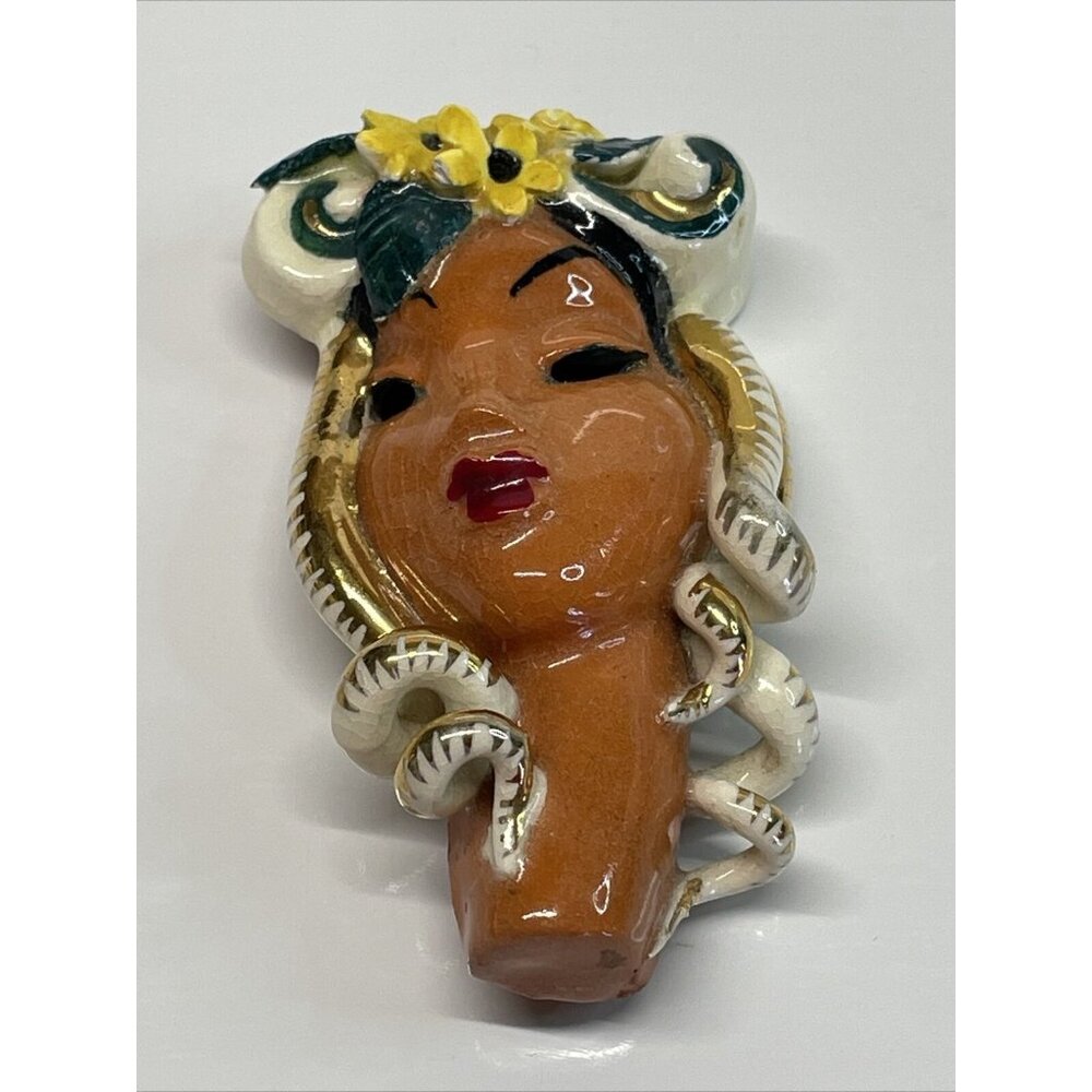 RARE Vintage Copo De Oro 1940s Porcelain Lady's Head Brooch Lin Sticker Read B10